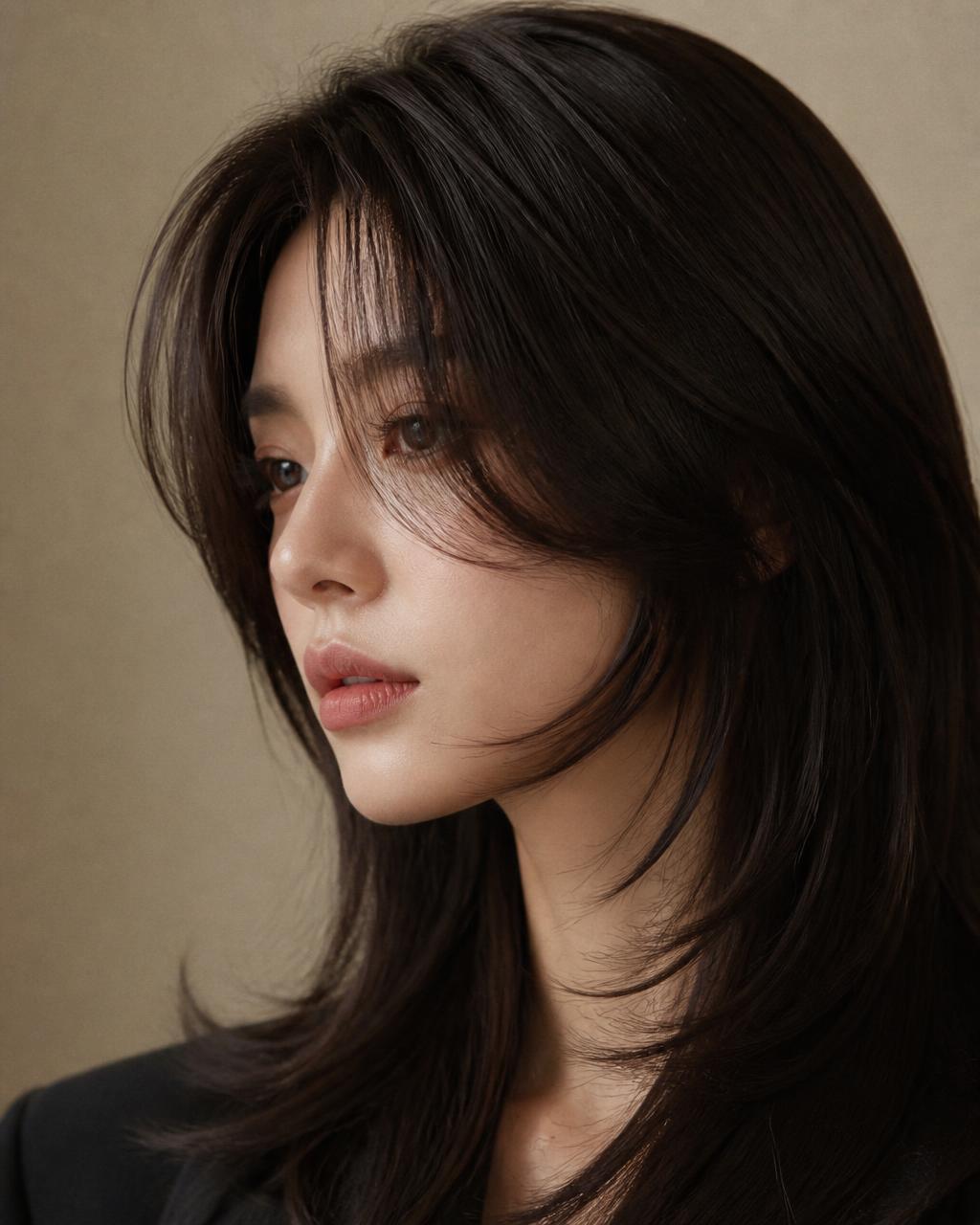Layered Korean haircut with soft curtain bangs