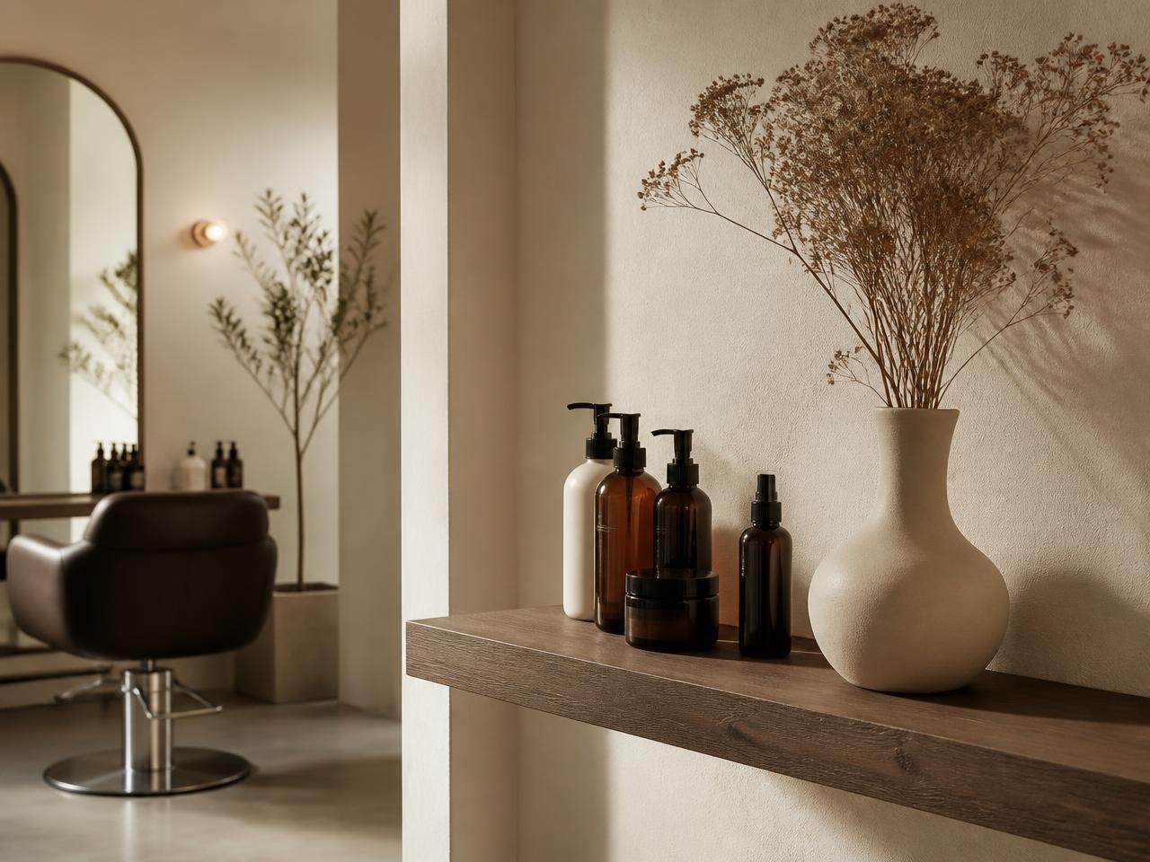 Minimal salon interior with hair care products
