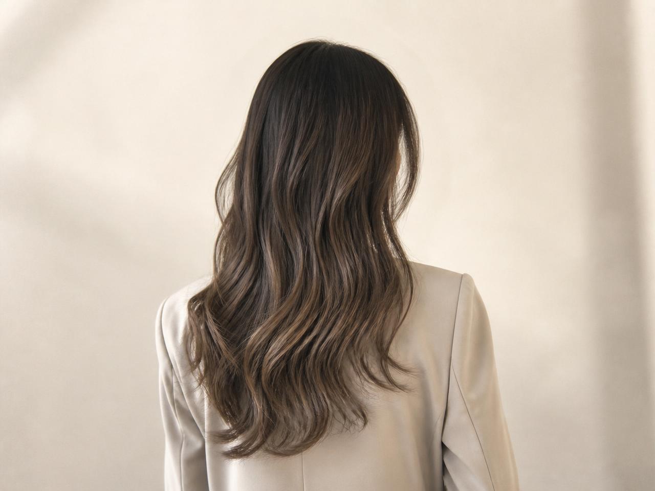 Soft ash brown balayage on long wavy hair
