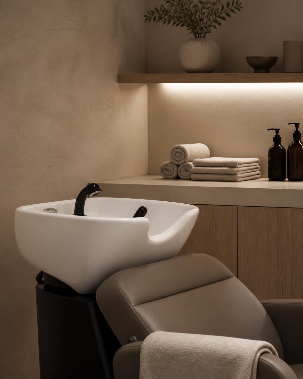 Salon shampoo and treatment station with folded towels