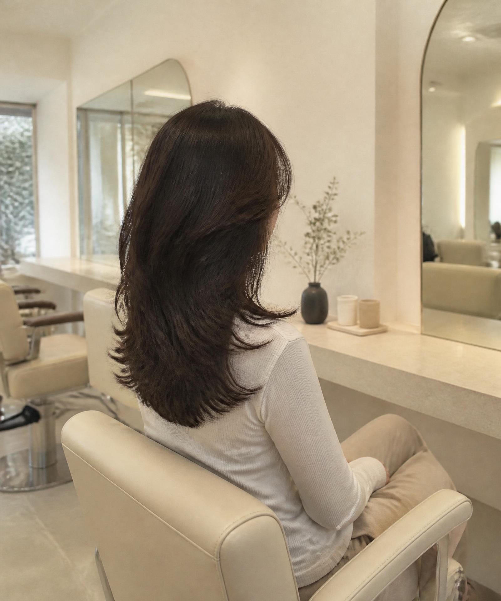 Client with glossy layered Korean hairstyle in a bright, minimal salon